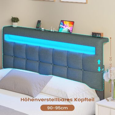 М&39яке ліжко AOGLLATI 140 x 200 зі світлодіодним освітленням та зарядною станцією, каркас ліжка з регульованим по висоті узголів&39ям та місцем для зберігання, гідравлічне ліжко 140 x 200 см, рейкова основа, льон, без матраца, темно-сірий 140 x 200 см те