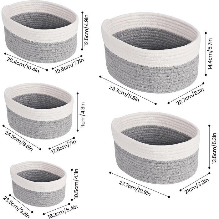 Кошик для зберігання з бавовняної мотузки, набір з 5 шт. , кошик для зберігання, органайзер для пеленального столу, кошик для зберігання у ванну кімнату, дитячу кімнату, пеленальний столик, білий та сірий.