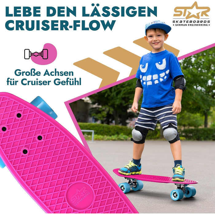 Скейтборд BIKESTAR Vintage Retro Cruiser 60 мм - круїзерний скейтборд для дітей та дорослих, початківці від 6-8 років, ретро дизайн Berry & Blue