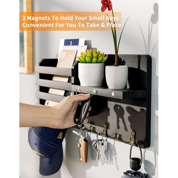 Ключниця - Ключниця на магніті, ключниця з 4 подвійними гачками для ключів, декоративна ключниця з дерев'яною поличкою для входу,