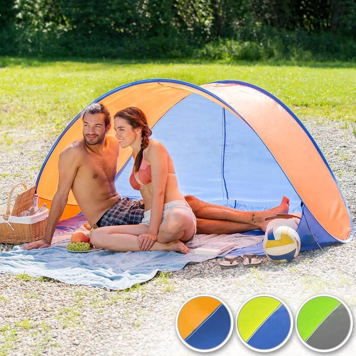 Розкладний пляжний намет для 2 осіб, 220x120x100 см, захист від ультрафіолету, вітрозахисний, кемпінговий вітрозахисний намет, садовий сонцезахисний намет, кемпінговий намет, велопробіг - синій/зелений/сірий 401682