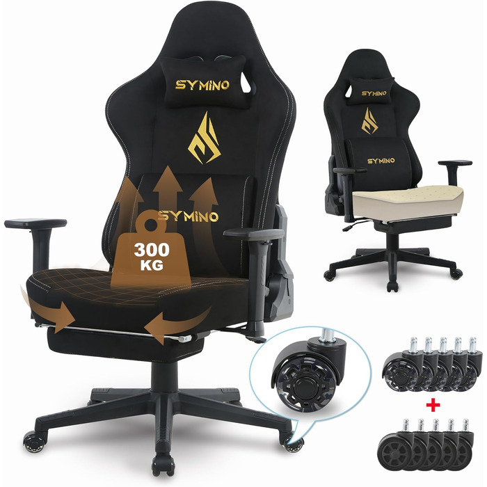 Ігрове крісло Symino з латексною подушкою сидіння, вантажопідйомність 300 кг, ергономічне комп&39ютерне крісло з поперековою опорою та підголівником з піни з ефектом пам&39яті, дихаюче офісне крісло зі штучної замші, чорне