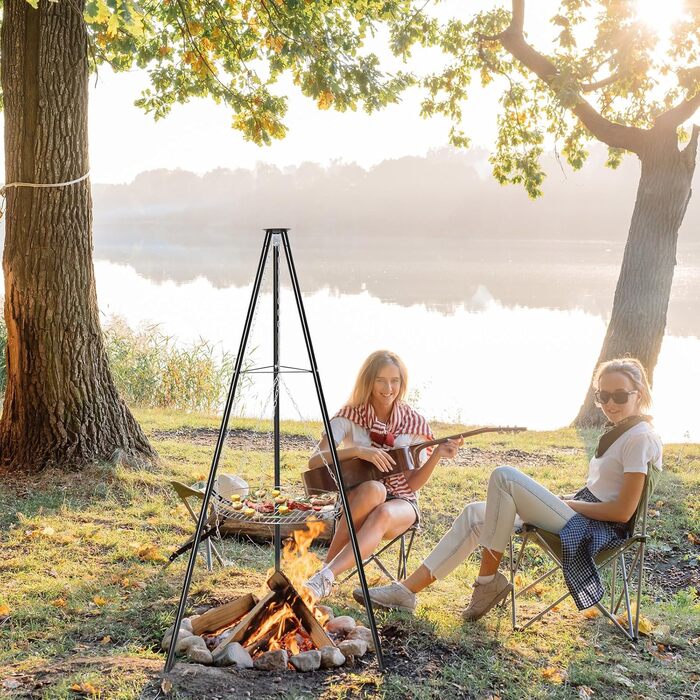 Мангал тринога з регульованою висотою та решіткою 48 см - для пікніків, барбекю, кемпінгу - чорний. Без жаровні.