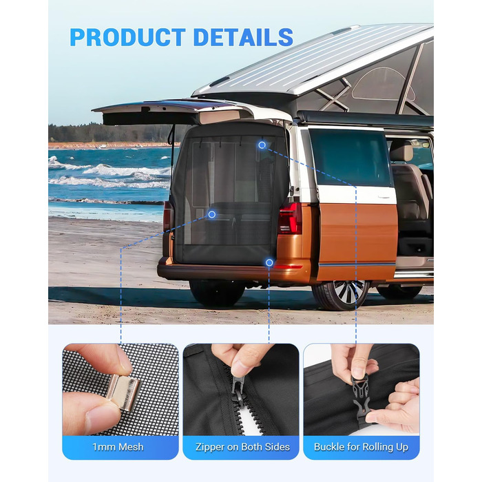 Москітна сітка SUPAREE 6&39x5&39 для багажника VW T5, захист від комах для фургонів та кемперів, із застібками-блискавкою та липучками для будинків на колесах, караванів та кемперів VW T5 та T6, чорна, 185 x 155 см