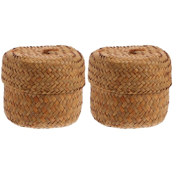 Міні-кошик IMIKEYA з 2 предметів з морською травою та кришкою, круглий, ручної роботи, маленька скринька з морської трави, кошики для зберігання з верби, сільський квітковий кошик для столу, дому, вечірки, 12x9 см