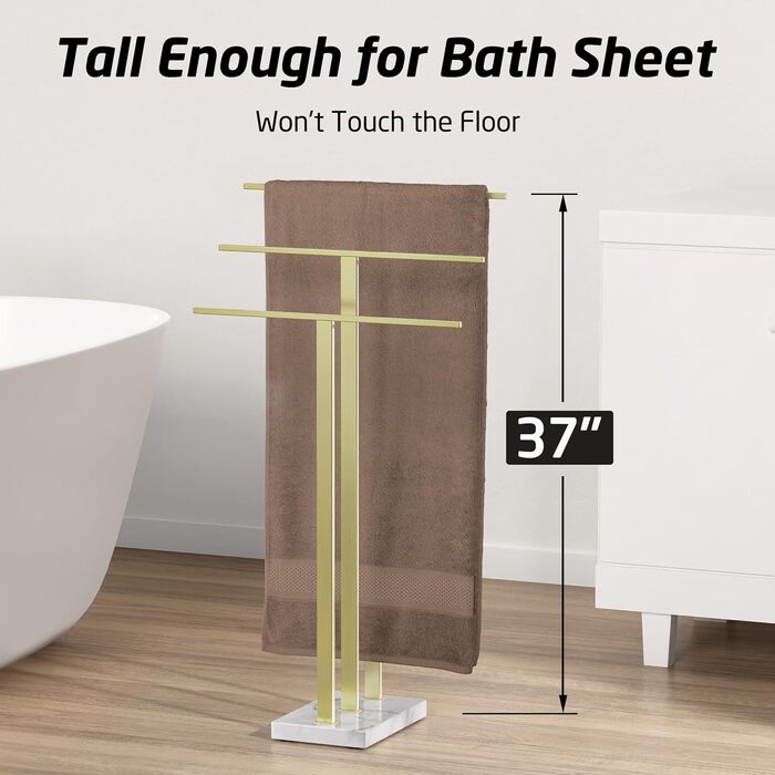 Вішалка для рушників KES, золотого кольору, тримач для рушників з 3 шт. ангами, окремостояча підставка для рушників, мармур та нержавіюча сталь 18/8, матове золото BTH217S3-BZ