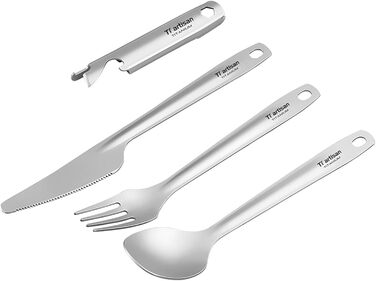 Набір титанових столових приборів ніж, виделка, ложка, відкривачка для пляшок, набір посуду з 4 предметів, легкий набір столових приборів для кемпінгу з футляром для перенесення, подорожей, пікніків, походів