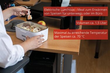 Електричний ланчбокс UNOLD 58850 - білий, 1,5 літра, пластик, для розігріву їжі в дорозі або в офісі, можна мити в посудомийній машині, знімний контейнер з нержавіючої сталі