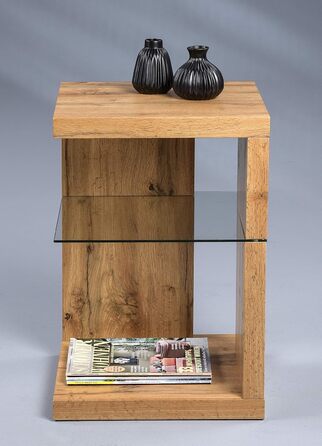 Приставний столик/тумбочка колекції M2 Domingo Сучасний дизайн МДФ з декором дикого дуба Додаткове місце для зберігання Безпечне скло, 40x40x60 см Універсальне використання Domingo 1