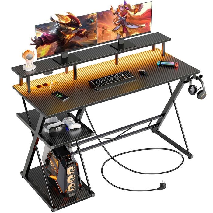 Ігровий стіл SEVEN WARRIOR зі світлодіодним освітленням та розетками, ігровий стіл з підставкою для монітора, комп&39ютерний стіл з 2 гачками, ідеально підходить для кабінету, спальні, вітальні, 100 x 47 x 87 см