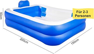 Надувний басейн 200x150x50 см з підголівником та оглядовим вікном сімейний басейн 440 л синьо-білого кольору для саду, балкону та тераси зі зливним клапаном та латочкою для ремонту