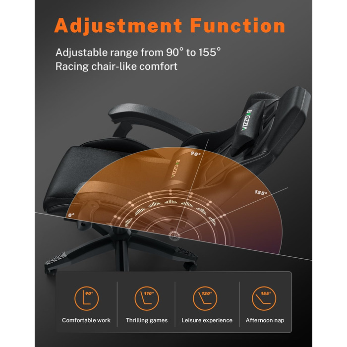 Ігрове крісло bigzzia з підставкою для ніг - Ергономічне ігрове крісло з поперековою подушкою підголівником, регульоване за висотою комп&39ютерне крісло для дорослих, дівчаток та хлопчиків (чорне) Чорний колір з підставкою для ніг
