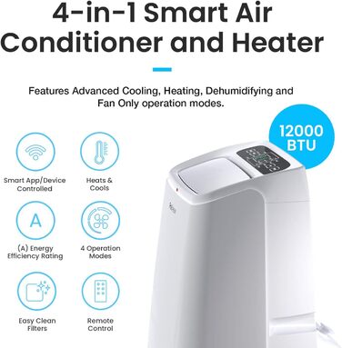 Мобільний кондиціонер Pro Breeze 4-в-1 12000 BTU (розмір кімнати 50) з додатком і Wi-Fi - Мобільний кондиціонер для опалення та охолодження, вентилятор, осушувач - клас енергоспоживання A, витяжний шланг, 24-годинний таймер