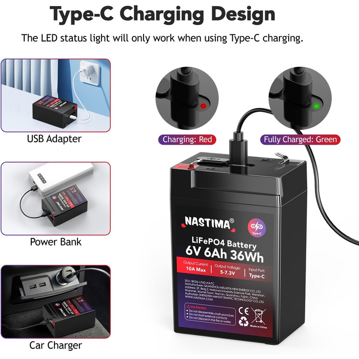 Акумуляторна батарея NASTIMA 6V 6Ah 36Wh LiFePO4 із захистом BMS та 2000 циклами глибокого розряду/розрядки, що не потребує обслуговування, зарядка через роз&39єм Type-C, підходить для аварійного освітлення, дитячих іграшкових машинок, моторних човнів, ке