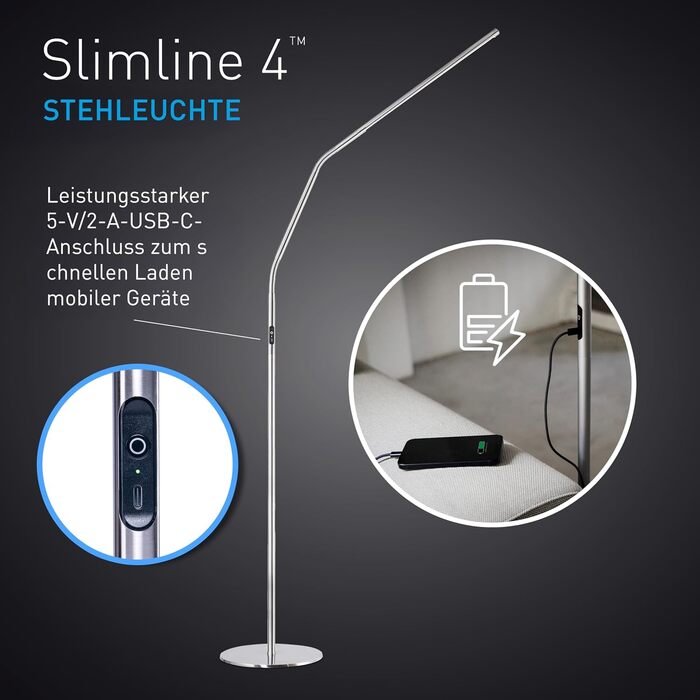Світлодіодна торшерна лампа Daylight Slimline 4 6000K, 3200 Lux, 4 рівні яскравості, порт USB-C, захисний екран від відблисків, регулювання висоти, для дому та вітальні, шліфована сталь