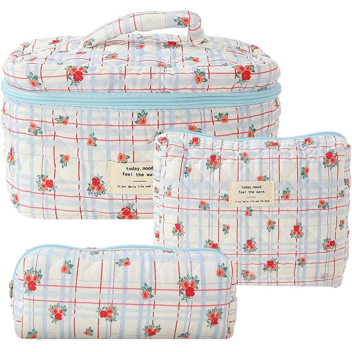 Набір стьобаних бавовняних косметичок Fiorky з 3 частин з квітковим візерунком, велика місткість, застібка-блискавка, набір бавовн