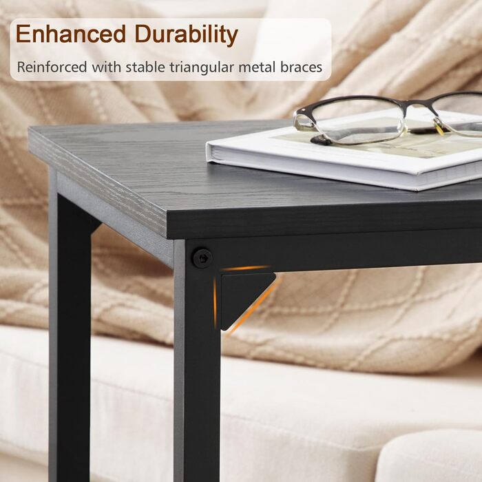 Набір з 2 приставних столиків AMHANCIBLE, журнальний столик C-подібної форми, стіл для вітальні з металевим каркасом, мобільний журнальний столик, журнальний столик-диван для кави та ноутбука, приставний столик для спальні, вітальні, чорний