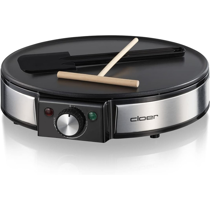 Млинниця Cloer 6630, для солодких або солоних млинців з 30 см Ø, 1200 Вт, антипригарне покриття, в т.ч. дерев'яний розмазувач і токар тіста, чорний Single