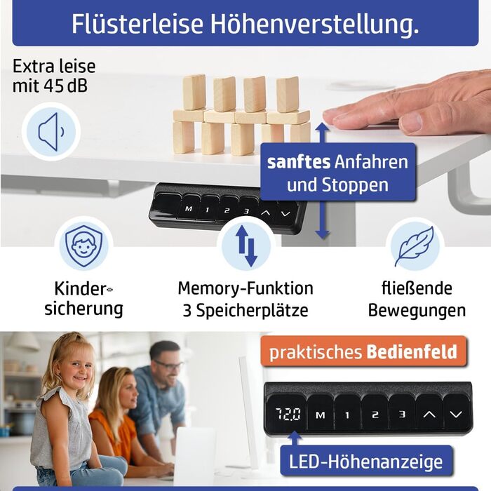 Стіл FlexxPro з регульованою висотою 3 розміри та 2 кольори Безперервна робоча поверхня Включно зі світлодіодною панеллю керування та системою керування кабелями Електричне регулювання та ергономічний 100x60 см, білий