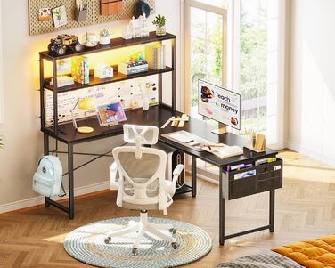 Г-подібний ігровий стіл Coleshome зі світлодіодним освітленням та розетками, 135 x 100 см, двосторонній ігровий стіл з полицями, кутовий стіл із сумкою для зберігання для домашнього офісу та ігор, чорний.