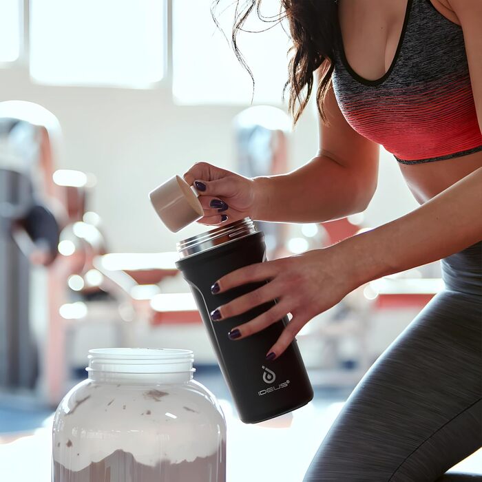 Протеїнова пляшка Ideus Shaker 700 мл (24 унції), двостінна спортивна пляшка з нержавіючої сталі з кулькою для змішування, металева протеїнова пляшка з кулькою для змішування, без BPA, герметична кришка (чорна)