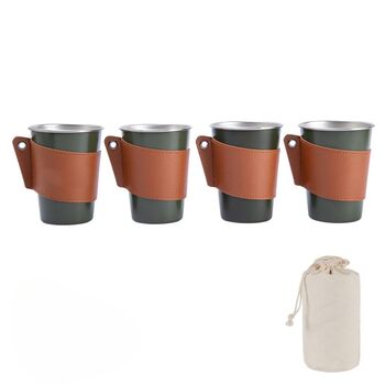 Набір кавових чашок з нержавіючої сталі 304 для використання на вулиці об&39ємом 350 мл, 4 предмети, зі шкіряним підставкою для чашок, зелений