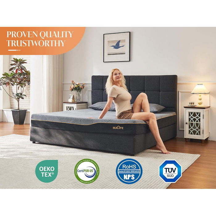 Зонний матрац з холодної піни, 90 x 200 см, матрац з гелевої піни з ефектом пам&39яті, середньої жорсткості (H3), суперм&39який, висота 20 см, сертифікований Oeko-TEX 100, дихаючий матрац, що згортається, чорний, 90 x 200 см, 7-