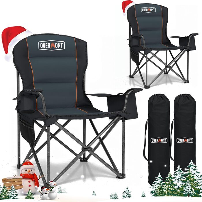 Великий складний кемпінговий стілець Overmont - Витримує до 204 кг - М&39який складний стілець з тримачем для напоїв, сумкою-холодильником, високою спинкою, чорний/сірий, 61 см x 61 см x 101 см