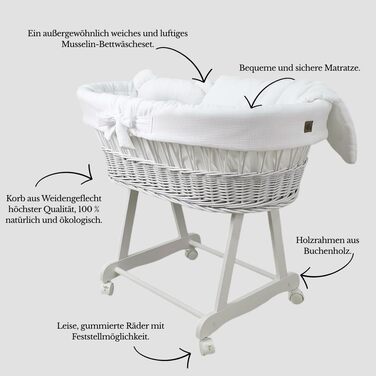 Дитяча колиска з колесами та гальмами Білий кошик Moses з натуральної верби, включаючи матрац та білу постільну білизну зі 100 бавовни, сертифікована Oeko-Tex безпечна та мобільна Модель Amelia