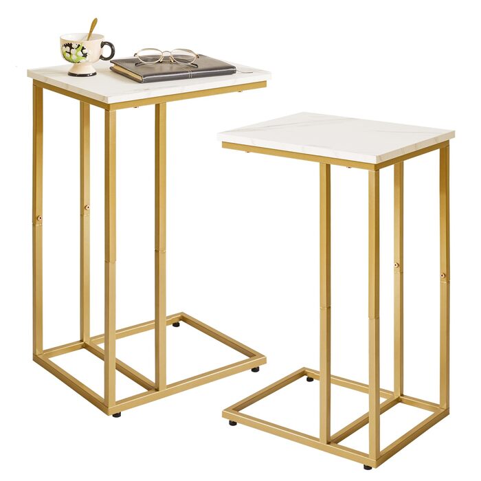 Комплект із 2 приставних столиків для вітальні, приліжковий столик, столик для ноутбука, приставний столик до дивана, підходить для спальні, вітальні, дерев&39яні дошки кольору білого мармуру із золотим металевим каркасом, YD-TM051G-2 2 білі мармурові та 