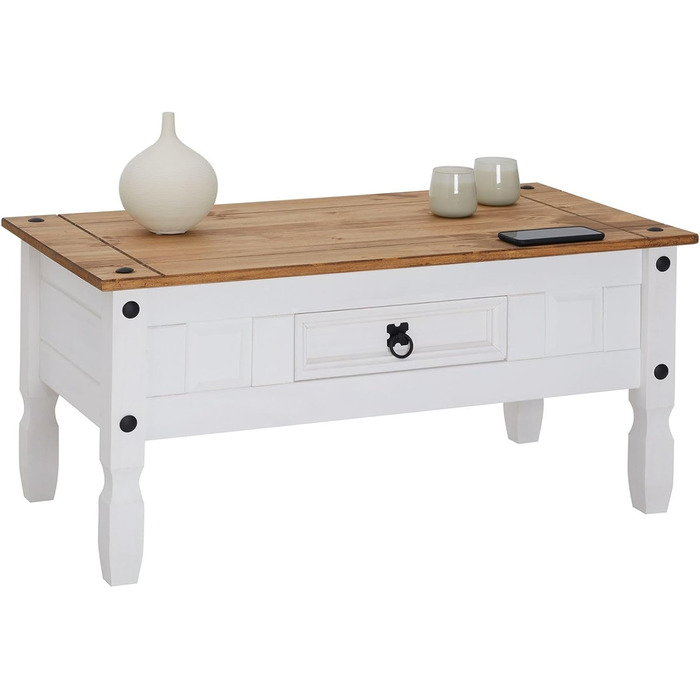 Журнальний столик CARO Furniture Campo в мексиканському стилі, стіл для вітальні/приставний столик, масив сосни, коричневий/білий лак, з 1 шухлядою