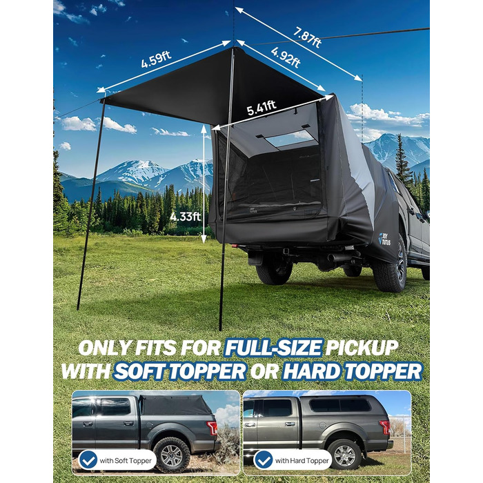 Намет для задньої двері пікапа JOYTUTUS повного розміру, розширювач кузова для пікапів з жорстким або м'яким тентом
