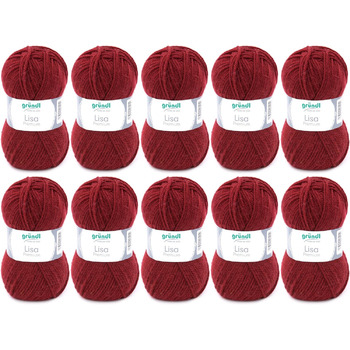 Пряжа Grndl Lisa Premium Uni Knitting & Crochet Yarn (м'яка і вовняна характер, проста в догляді миється трикотажна пряжа з 100 поліакрилу, 50 г/ 133 м, розмір голки 3,5 - 4,5, 10 клубків по 50 г кожен), (бордо)