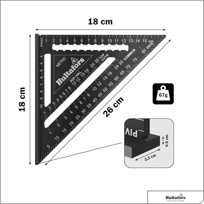 Трикутник для огорожі 5 в 1 180 мм I Hultafors I Столярний кутник з ЧПУ, фрезерований з алюмінію I Столярний кутник для розмітки, вимірювання та креслення I Вкл. таблицю перерахунку I 257010