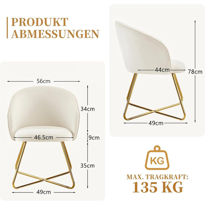 Крісло для туалетного столика Hellove із золотистими металевими ніжками, зручне оксамитове бежеве крісло для туалетного столика, просте сучасне крісло з підлокітниками, м&39яке крісло для макіяжу, вітальня, комплект з , бежевий