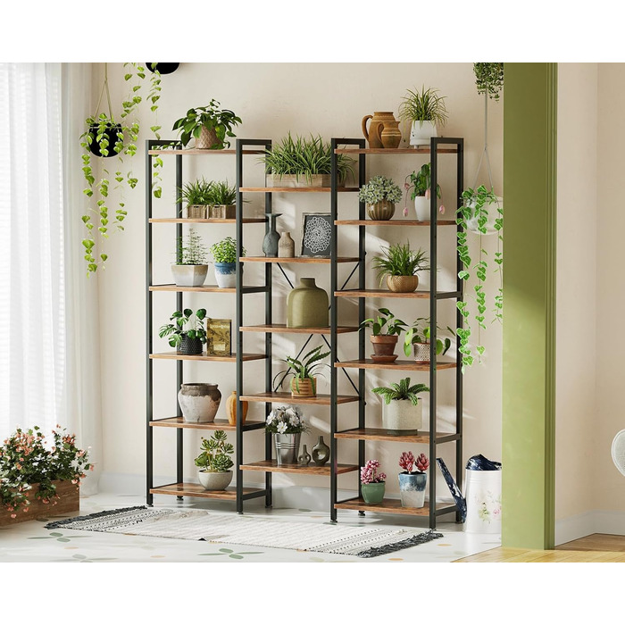 Книжкова полиця Coleshome з 17 полицями, металевий каркас, 6 ярусів, промисловий дизайн, стелаж-перегородка з місцем для зберігання, 22 x 125,6 x 177,2 см, окремостояча полиця для офісу, вітальні, спальні, кухні, коричнева, 6 ярусів