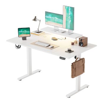 Електрично регульований по висоті стіл 140 x 80 см зі світлодіодною стрічкою, USB-портом та регульованою підставкою для монітора, стіл для роботи стоячи з 4-секційною стільницею, комп&39ютерний стіл, білий 140 x 80 см зі світлодіодним підсвічуванням