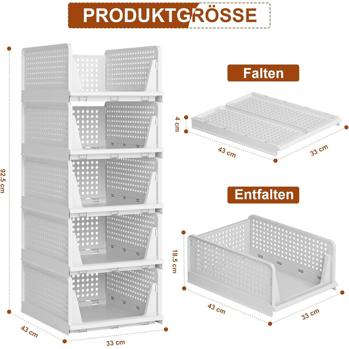 Елементний штабельований органайзер для гардеробу, складний органайзер для гардеробу, система зберігання в гардеробі, компактні коробки для зберігання та вставки для шухляд, білий, 5 шт. у упаковці, великий, 5-