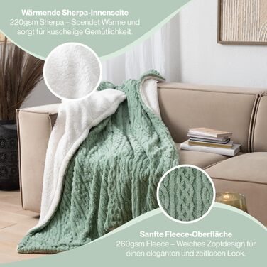 М&39яка ковдра Blumtal 150x200 см з в&39язаним візерунком &quotкосичка&quot - сертифікована Oeko-TEX ковдра з мікрофібри флісу 150x200 см з м&39якою шерпа підкладкою - пухнаста ковдра - товста м&39яка ковдра зелено-біла 150x200 см зелено-білий