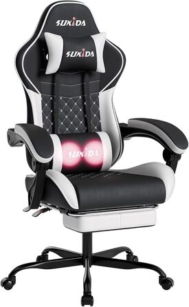Ігрове крісло SUKIDA, ергономічне ігрове крісло з підставкою для ніг, гоночне ігрове крісло з регульованою спинкою 90-135, комп&39ютерне крісло з регульованою висотою та поперековою опорою, чорний/білий
