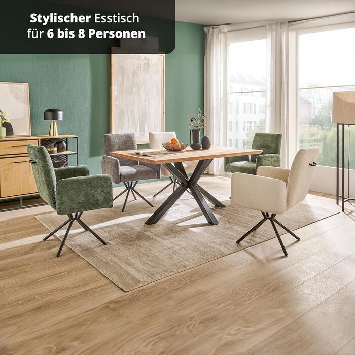 Обідній стіл KHG 160 x 90 см, кухонний стіл з масиву промасленого дуба - швейцарська кромка, чорна металева зіркоподібна основа, промисловий дизайн, стіл для 6-8 осіб, вантажопідйомність до 50 кг