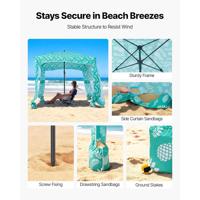 Пляжний навіс VEVOR 183 x 183 см з бічною стінкою, захист від сонця UPF 50, пляжний павільйон з мішками з піском, портативна парасолька від сонця для всієї родини та друзів, світло-зелений візерунок 6*6