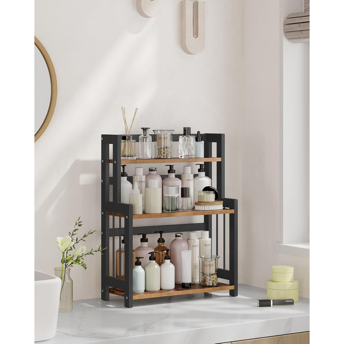 Рівнева полиця для спецій, кухонна полиця, полиця для зберігання, стільниця, бамбукова рама, для кухні, їдальні, офісу, вінтажний коричнево-чорний OFS047B01 3 яруси (41Ш см) вінтажний коричневий чорний, 3-