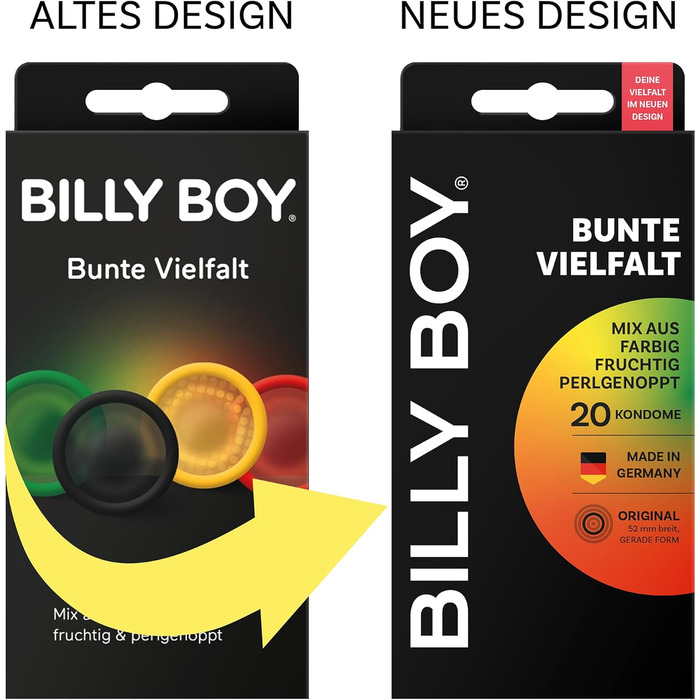 Презервативи BILLY BOY, кольорове різноманіття, 20 шт. 52 мм Різнокольоровий, фруктовий та ребристий мікс презервативів (2 x 20 шт. )
