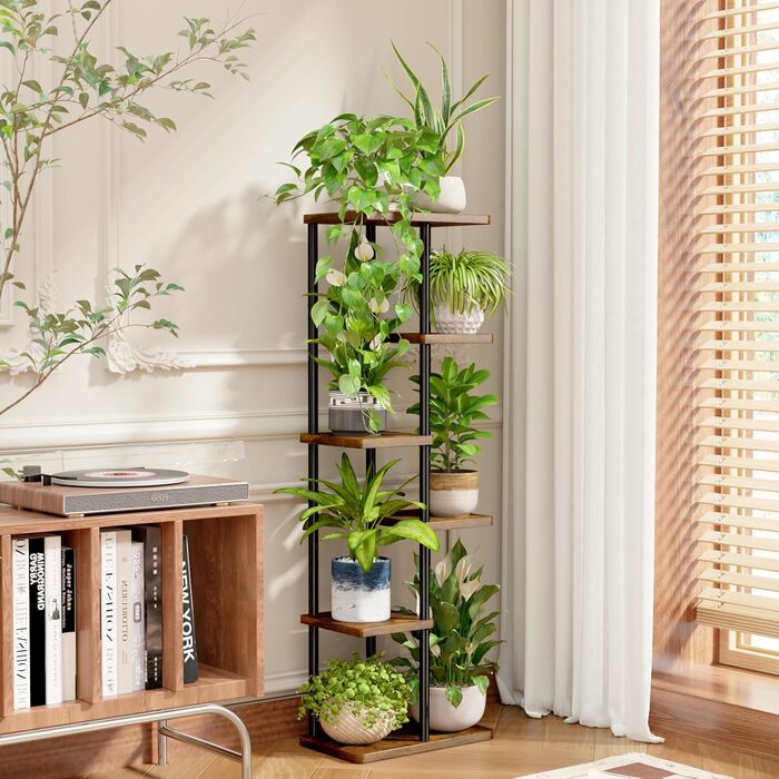 Велика підставка для рослин Bamworld для кімнатних рослин, 6-рівнева металева полиця для рослин, тримач для рослин, стійка для кількох рослин, горщики для патіо, саду, кута, балкону, вітальні, 6-рівнева рустикальна коричнева