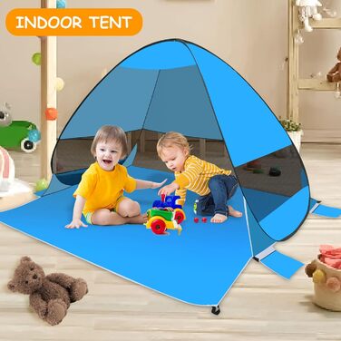 Розкладний пляжний намет на 3-4 особи, пляжний намет із захистом від ультрафіолету UPF 50, автоматичний портативний пляжний намет, вітрозахисний пляжний сімейний намет для пляжу, кемпінгу, риболовлі (синій)