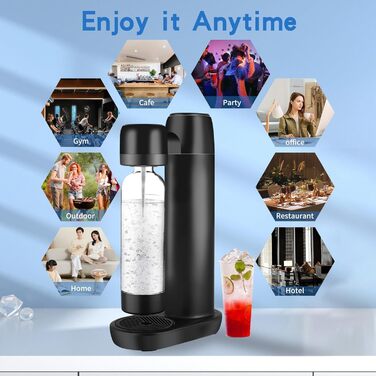Акумуляторна содова машина Skyehomo з портативною ПЕТ-пляшкою без BPA об'ємом 1 л, автоматичним скиданням тиску, виробником газованої води матового чорного кольору, карбонатором, сумісним зі стандартним циліндром (не входить у комплект)