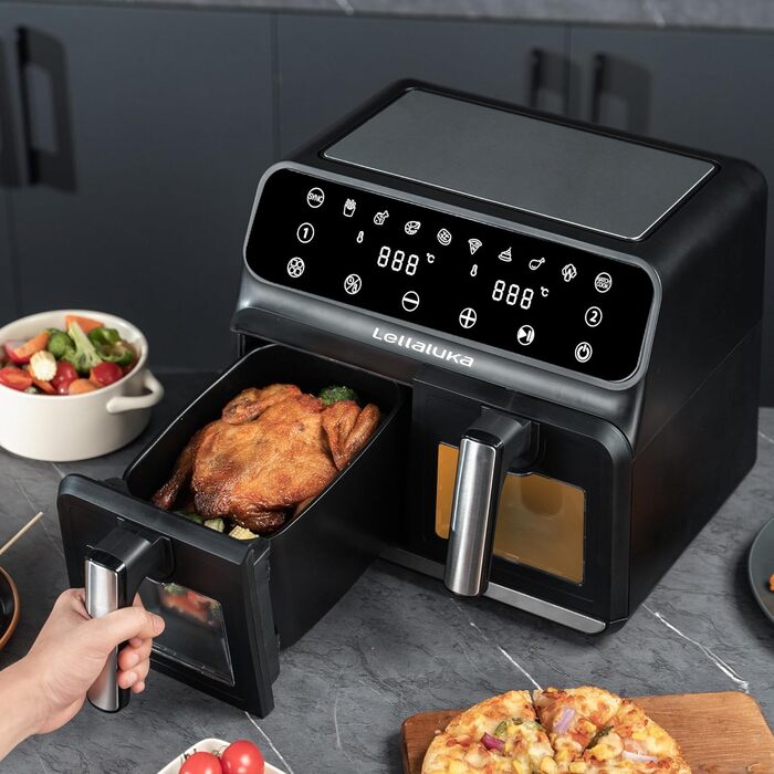Двокамерна фритюрниця Lellaluka, фритюрниця, 2-камерна фритюрниця 8 л, яка може готувати одночасно з видимим вікном, сенсорним екраном і функцією зневоднення