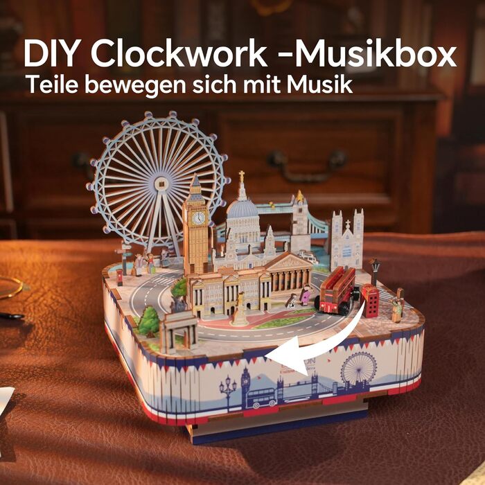 Музична скринька Tonecheer Дерев'яний 3D-пазл, набір моделей для сім'ї котів своїми руками для дорослих, обертова музична шкатулка, дерев'яні пазли Подарунки для прикраси будинку Подарунок на день народження Різдвяний підліток (Лондон)