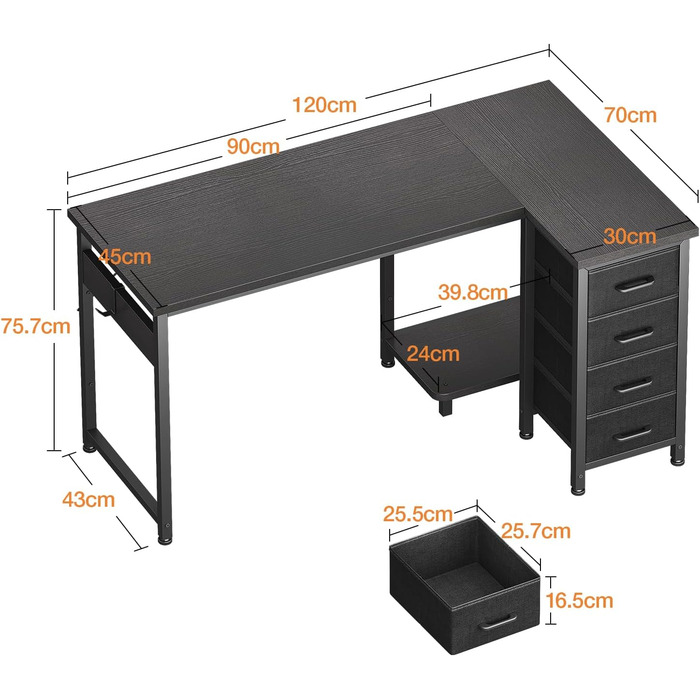 Кутовий письмовий стіл Coleshome, 120x70 см, L-подібний стіл з 4 шухлядами, двосторонній комп&39ютерний стіл для офісу, кабінету, спальні, чорний 120 70 см